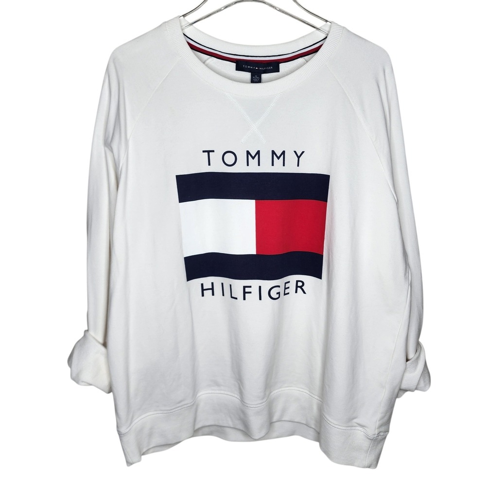 Tommy Hilfiger Womens White Flag Logo Raglan Sweatshirt XL‎ NWT